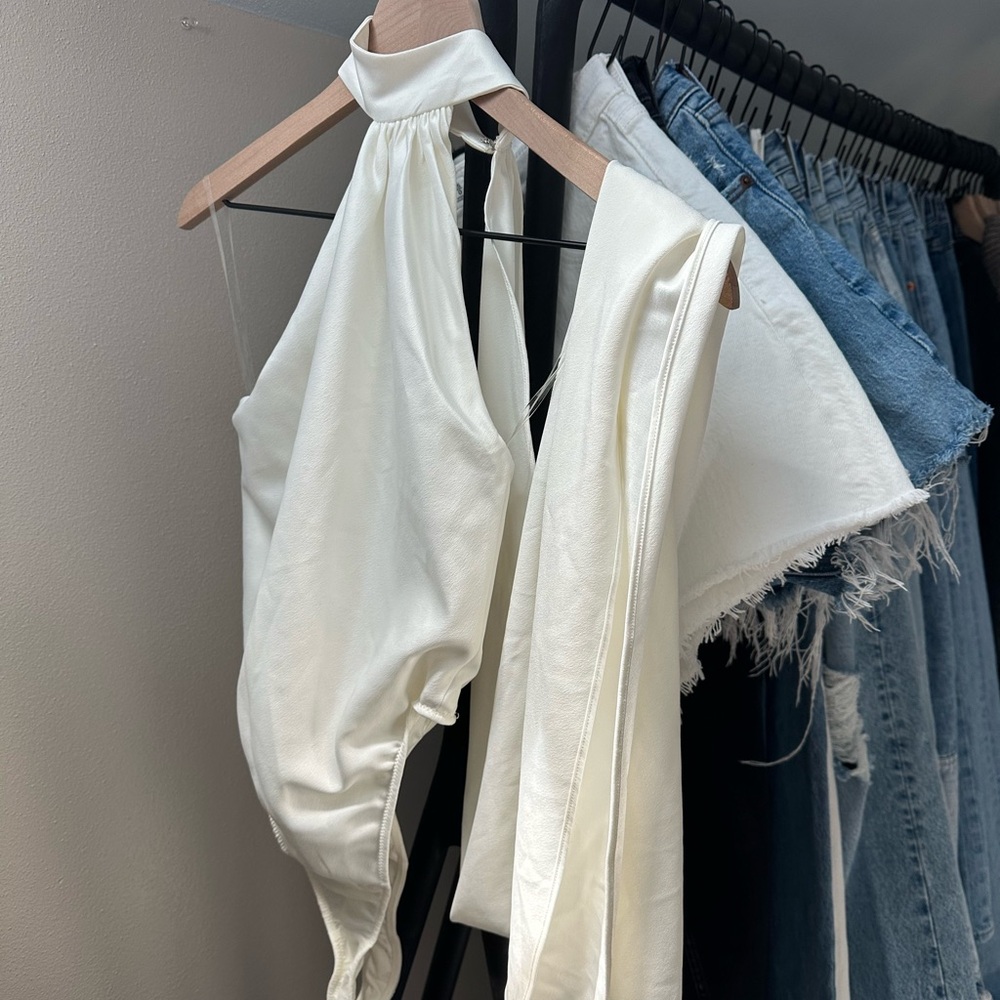 House of CB Farrah Ivory Satin Wrap Neck Bodysuit